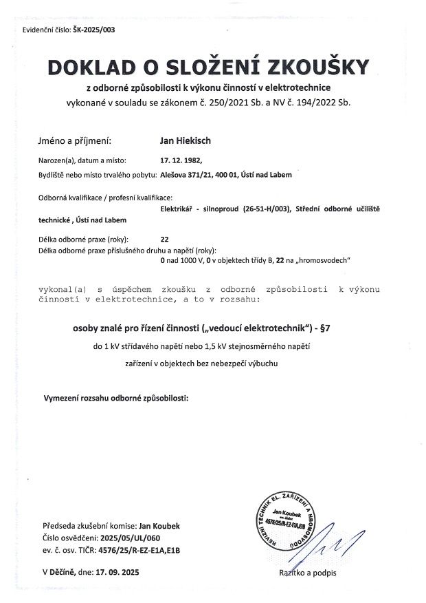 k výkonu činností v elektrotechnice